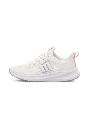 Leichte Sportschuhe aus weißem Mesh mit strukturierter Oberfläche. Sie verfügen über ein fliederfarbenes Logo, beigen Schnürsenkel und einen dezenten Pfirsich-Akzent an der Ferse.