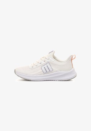 Leichte Sportschuhe aus weißem Mesh mit strukturierter Oberfläche. Sie verfügen über ein fliederfarbenes Logo, beigen Schnürsenkel und einen dezenten Pfirsich-Akzent an der Ferse.