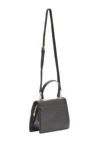 Zwarte leren handtas met een gestructureerd ontwerp, voorzien van een bovenhandvat en een afneembare schouderband. Accenten van goudkleurig beslag en een rits.