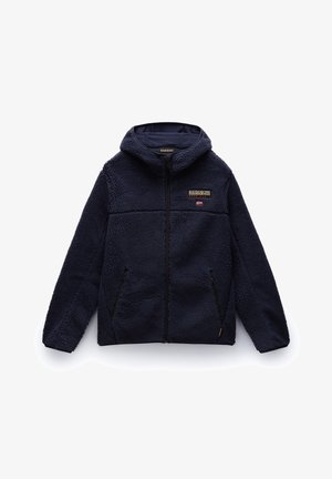 Navy blue fleece jacket with a zip front, hood, side pockets, and a small logo patch featuring a flag on the chest area. Soft, textured fabric.
