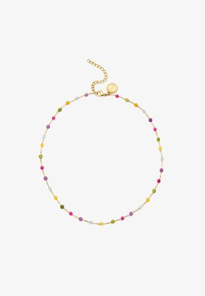 Gold chain necklace featuring multicolored beads in pink, green, yellow, and blue, with a lobster clasp and extension chain for adjustability.