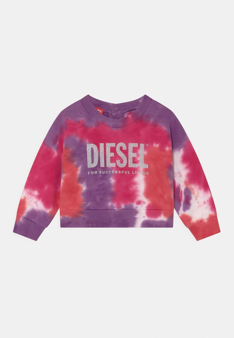 Sweat-shirt court avec motif tie-dye aux nuances de violet, rose et orange. Présente le logo "DIESEL" et la phrase "FOR SUCCESSFUL LIVING" en argenté.