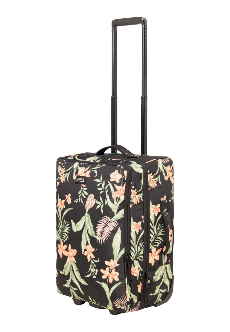 Rolkoffer met een bloemenpatroon, met roze bloesems en groene bladeren op een zwarte achtergrond. Gemaakt van een duurzame stof met een telescopische handgreep.