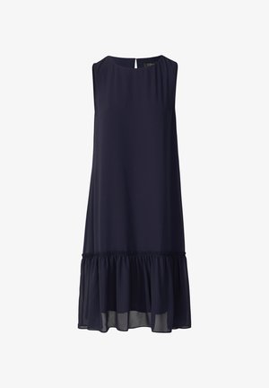 Abito senza maniche di colore blu navy in tessuto fluido, con scollatura rotonda, apertura a chiave sul retro e volant raccolti all'orlo.