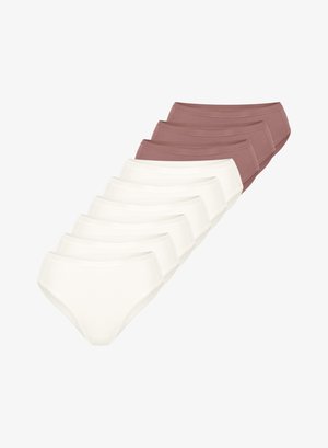 Damen-Unterwäscheset mit fünf weißen und drei weinroten Paaren, hergestellt aus einer glatten Baumwollmischung, mit klassischem Slip-Design und elastischem Bund.