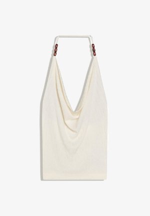 Kremasti top bez rukava od pletenine s dubokim vodopadnim izrezom i detaljima od drvenih perlica na halter naramenicama.