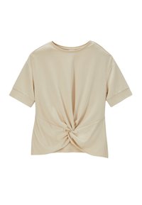 Beige T-shirt met korte mouwen van zachte stof, met een gedraaid detail bij de taille en een ronde halslijn.