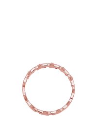 Pulsera de oro rosa con eslabones entrelazados de textura suave y acentos rectangulares, formando una forma circular continua.