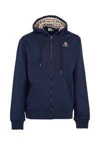 Felpa con zip blu navy, foderata con un motivo a scacchi, cappuccio con cordino, due tasche frontali e logo ricamato sul petto.