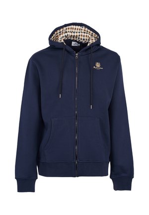 Marineblaue Zip-Hoodie mit karierter Innenausstattung, Kordelzugkapuze, zwei Fronttaschen und einem gestickten Logo auf der Brust.