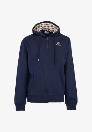 Marineblaue Zip-Hoodie mit karierter Innenausstattung, Kordelzugkapuze, zwei Fronttaschen und einem gestickten Logo auf der Brust.