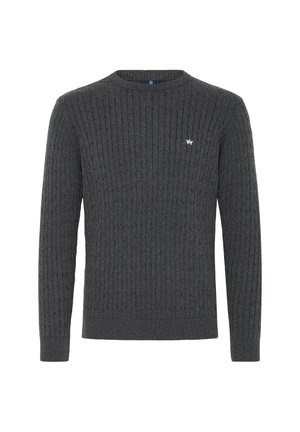 Maglione grigio a coste con maniche lunghe, scollo rotondo e un piccolo logo ricamato sul lato sinistro del petto. Texture morbida e design aderente.