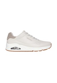 Sneaker beige a bassa trama di Skechers con suola bianca, dettaglio con cuscinetto d'aria, chiusura con lacci e accento in suede sul tallone.