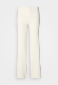 Kremne široke hlače iz mehkega materiala; z gumbom za zapiranje in gladko teksturo; zasnovane z pasom.