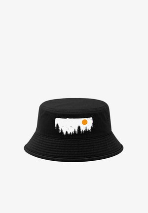 Black bucket hat with a white rectangular graphic of pine trees, birds, and an orange sun on the front.