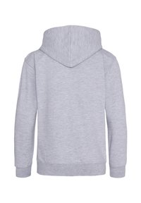 Grå tyg-tröja med huva, sedd bakifrån, med dragsko, långa ärmar och ribbade muddar och nederkant. Slät textur med ett enhetligt mönster.