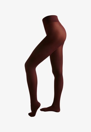 Przezroczyste burgundowe rajstopy o gładkiej fakturze, dopasowane od talii do kostki, z szerokim pasem na talii dla komfortu.