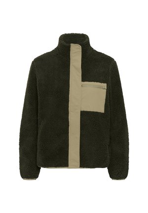 Dark green fleece jacket with high collar, beige vertical panel and beige chest pocket with zipper on right side.