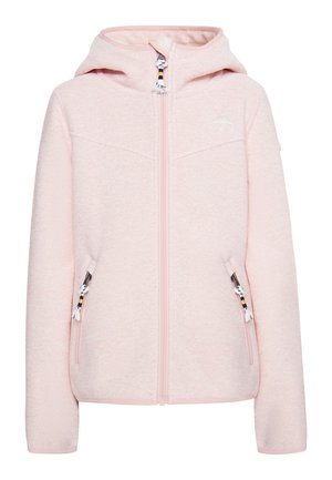 Svetlo roza zip-up kapuca iz teksturirane tkanine, ki ima kapuco, stranske žepke z dekorativnimi zadrgami in subtilno logo na prsih.