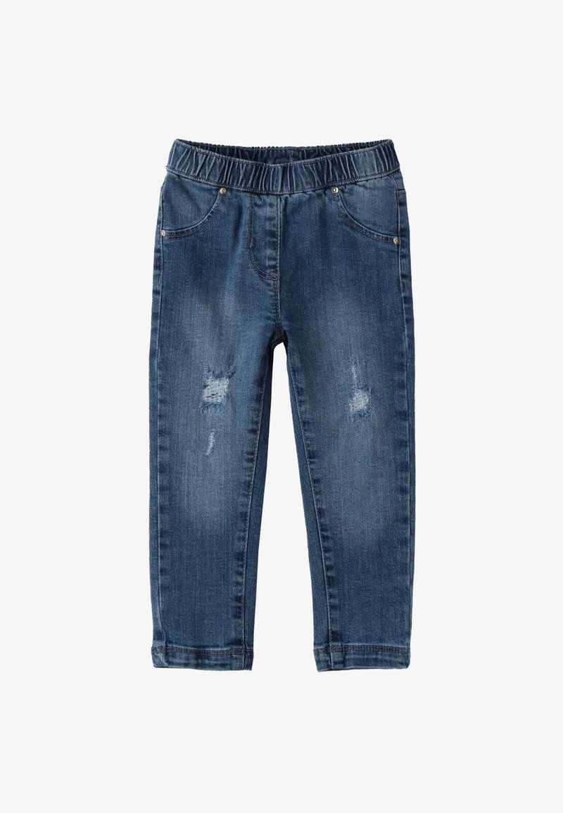 Niebieskie dżinsowe spodnie dla malucha z elastycznym pasem, przednimi kieszeniami i subtelnymi przetarciami na obu nogawkach.