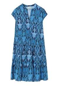 Vestido azul con estampado, de mangas cortas, con botones en el frente y dobladillo en capas. Presenta un diseño abstracto en diferentes tonos de azul. Tejido ligero.