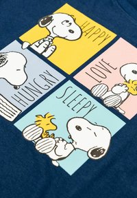 Pannelli di cartoni animati di Snoopy e Woodstock etichettati Felice, Affamato, Amore e Sonno su uno sfondo blu, che mostrano diverse pose dei personaggi.