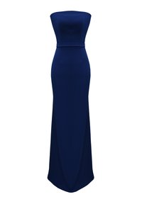 Sukienka bez rękawów w granatowym kolorze z dopasowaną górą, subtelnym paskiem w talii i spódnicą do ziemi z rozcięciem z przodu, co zapewnia dodatkowy komfort ruchu.