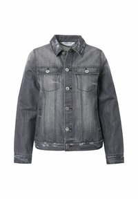 Tummanharmaa farkkutakki, jossa on haalistuneita alueita, edessä nappikiinnitys, terävä kaulus sekä kaksi rintataskua läpällä ja napilla.