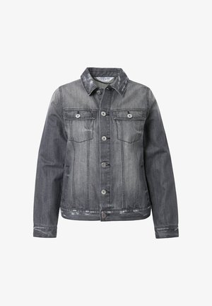 Džínová bunda v tmavě šedé barvě s vybledlými místy, předním zapínáním na knoflíky, špičatým límcem a dvěma náprsními kapsami s klopami a knoflíkovými detaily.