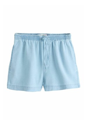 Hellblaue Freizeitshorts mit elastischem Bund und Kordelzug, gefertigt aus weichem Stoff, geeignet für entspanntes Tragen.