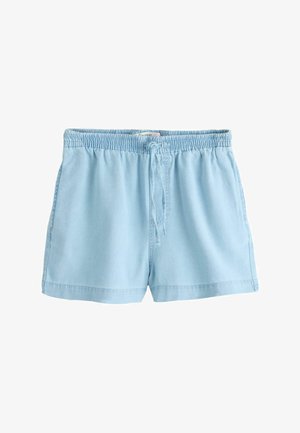 Pantaloni scurți casual bleu deschis cu talie elastică și șnur, din material moale, potriviți pentru purtare relaxată.