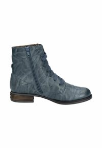 Stivale alla caviglia in pelle blu con punta rotonda, chiusura con lacci e zip, finitura testurizzata e tacco basso impilato.