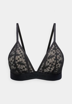 Black lace triangle bralette with thin adjustable straps and a wide elastic band at the base featuring subtle brand embossing.
