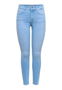 Svijetloplave uske traperice od mekanog trapera, s pojasom srednjeg rasta, klasičnim dizajnom s pet džepova i neobrubljenim rubovima na gležnjevima.