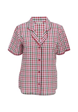 Chemise à manches courtes boutonnée avec motif à carreaux rouge, blanc et vert et passepoil rouge contrastant le long du col et des manches.