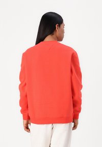 Felpa rossa in cotone con maniche lunghe, scollo rotondo e polsini a coste. Tessuto liscio, design semplice, vista posteriore.
