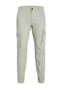 Hellgrüne Cargo-Hose mit Seitentaschen, elastischen Bündchen und Knopfverschluss. Hergestellt aus einem glatten, leichten Stoff.
