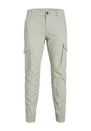 Light green cargo pants with side pockets, elastic cuffs, and a button closure. Made from a smooth, lightweight fabric.