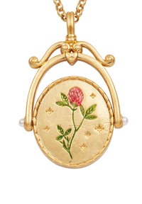 Zelta piekariņš ar ziedu dizainu, kurā ir rozā zieds un zaļas lapas, rotāts ar mazām zvaigznēm un papildināts ar pērļu akcentiem.