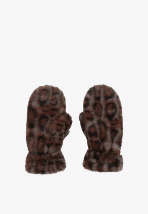 Brown faux fur mittens with a leopard print design, featuring a soft texture and ribbed cuffs for warmth and fit.