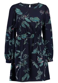 Marinblå klänning med långa puffärmar, elastiskt midjeband och blommönster i gröna och rosa nyanser. Nyckelhål bakdetalj.