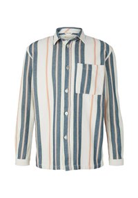 Koszula w paski w kolorze niebieskim, białym i jasnoróżowym; posiada zapinany przód na guziki, długie rękawy i kieszeń na piersi. Wykonana z lekkiego materiału.