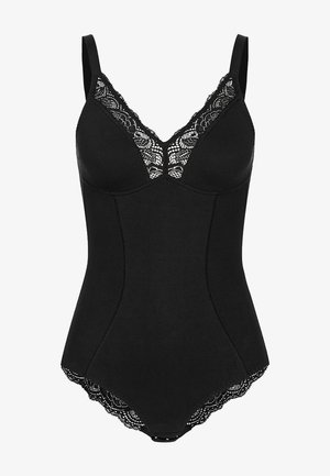 Zwart catsuit met kantdetails bij de halslijn en golvende kantafwerking aan de onderkant. Beschikt over verstelbare banden en een gladde stofstructuur.