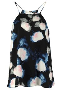 Blommig blus med svart bakgrund, som har stora rosa och blå blommor, tunna justerbara band och en avslappnad passform.