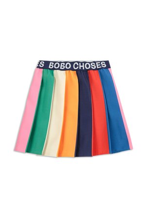 Pleated skirt featuring a mix of colors: pink, green, white, orange, navy, red, and blue. Elastic waistband with "BOBO CHOSES" logo.