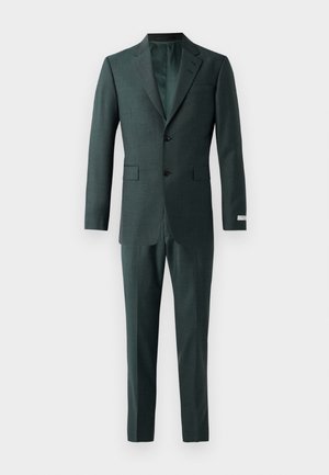 Ciemnozielony garnitur o slim fit, z zapięciem na dwa guziki, klapami z wycięciem i spodniami z płaskim przodem o subtelnej fakturze.