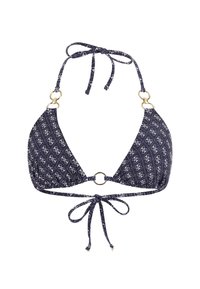 Dark blue bikini top with white printed pattern, triangular cups, gold ring detail at center, and adjustable ties around neck and back.