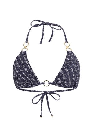 Dark blue bikini top with white printed pattern, triangular cups, gold ring detail at center, and adjustable ties around neck and back.
