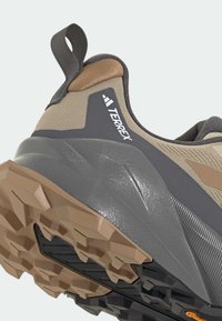 Buty terenowe Terrex z siateczkową i syntetyczną cholewką; szaro-beżowa kolorystyka, gumowa podeszwa z kierunkowymi wypustkami dla lepszej przyczepności.
