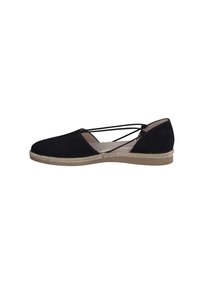 Svart suede espadrille med rund tå og kryssede ankelstropper. Juteinnsvøpt såle og flat beige gummisåle. Sidevisning.